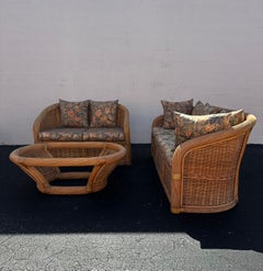 1970s Rattan Reed Curved Art Deco Style Sofa and Coffee Table, set of 3