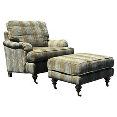 1990s George Smith Style Woodmark Stripes Castors Library Chair and Ottoman