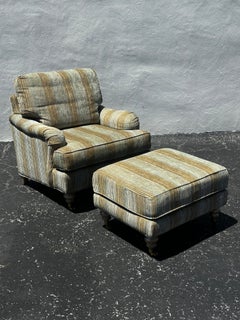 1990s George Smith Style Woodmark Stripes Castors Library Chair and Ottoman