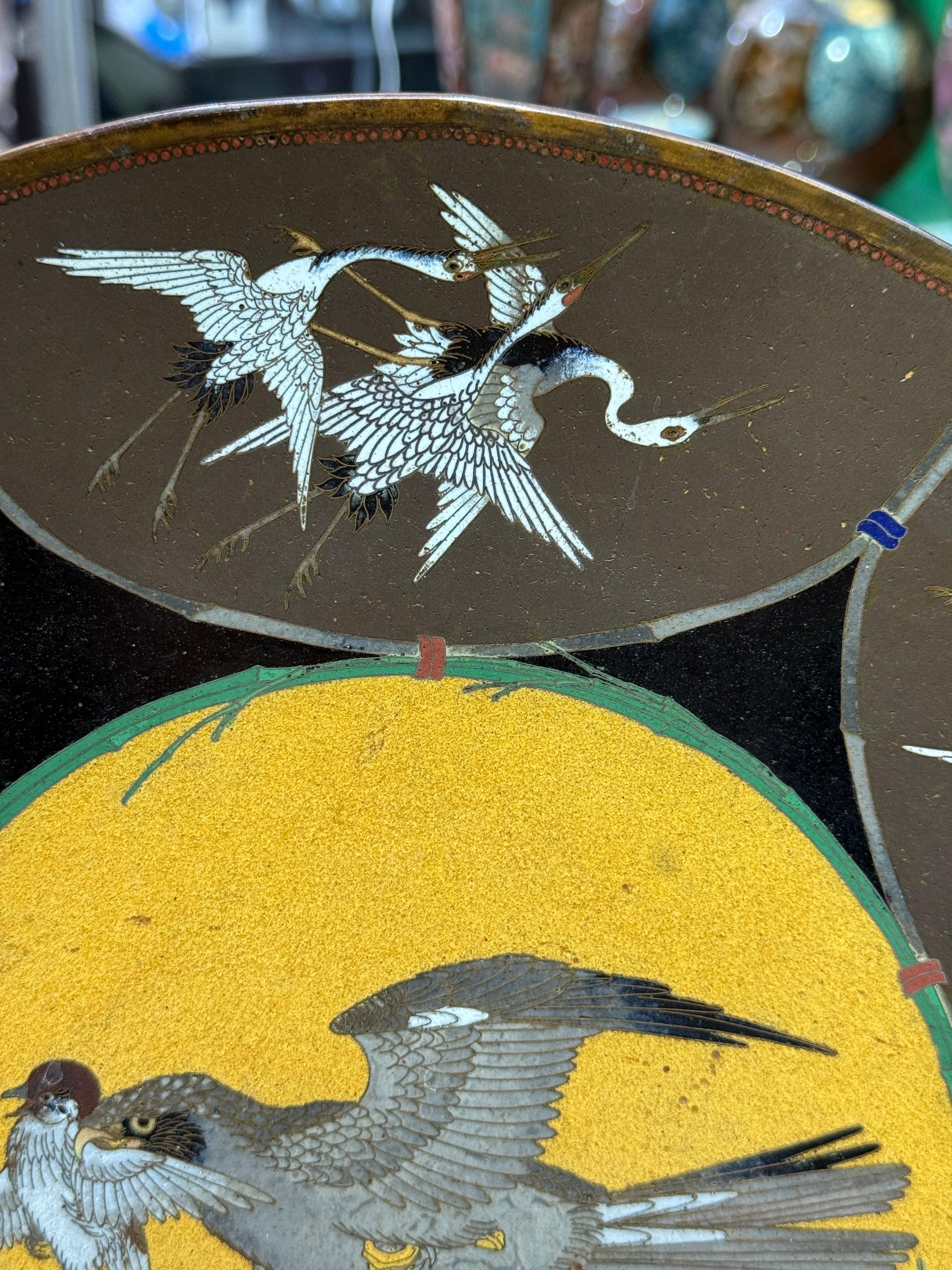 Pair of Meiji Japanese Cloisonne Enamel Charges Plates Attributed To Hayashi For Sale 5