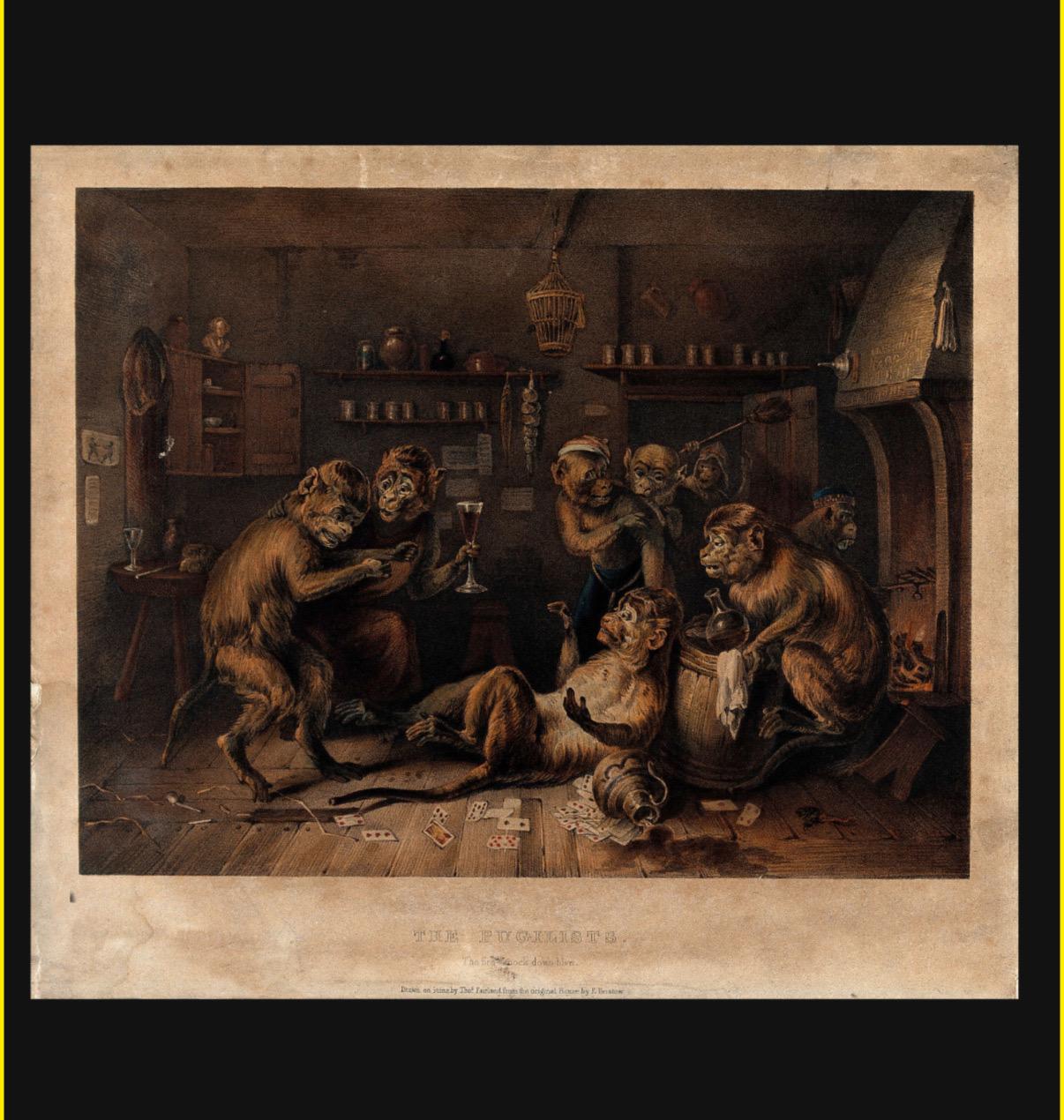 Monkeys débauchés pailletant et bouffant dans une peinture de taverne Dingy en vente 2