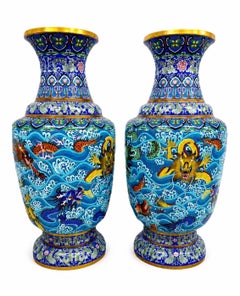 Monumental Pair Chinese Cloisonne Enamel Dragon Vases Amid Crashing Waves