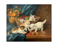 19th Century Oil on Canvas Painting of Kittens Cats Cat Playing by Yvonne Laur