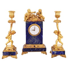 Antique 19th Century French Lapis and Ormolu Clock and Candlesticks with Cherubs