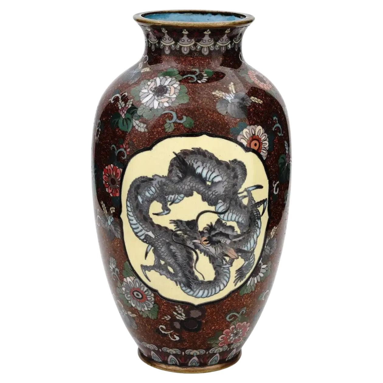 Japanese Cloisonne Enamel Meiji Era Dragon and Phoenix Bird Goldstone Vase For Sale