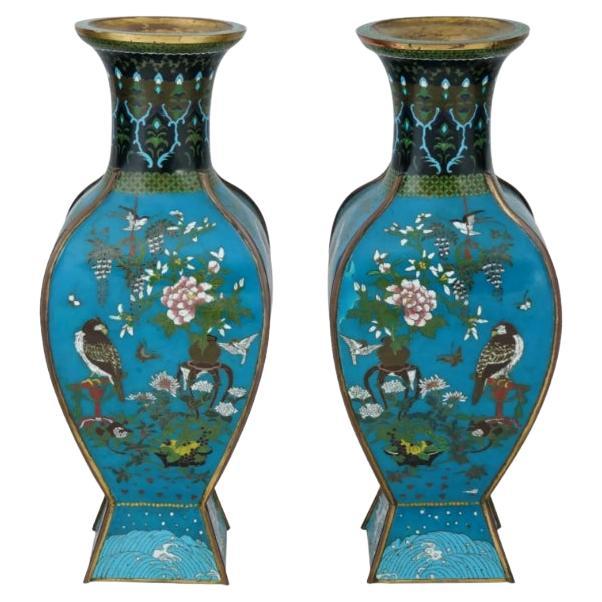 Antique Pair Of Japanese Cloisonne Enamel Vases With Hawks, Cranes, Scenes For Sale