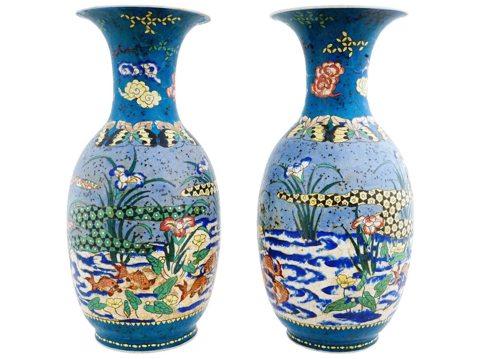 19th Century Large Pair of Japanese Cloisonne Enamel On Porcelain Totai Vases Fish Swimming For Sale