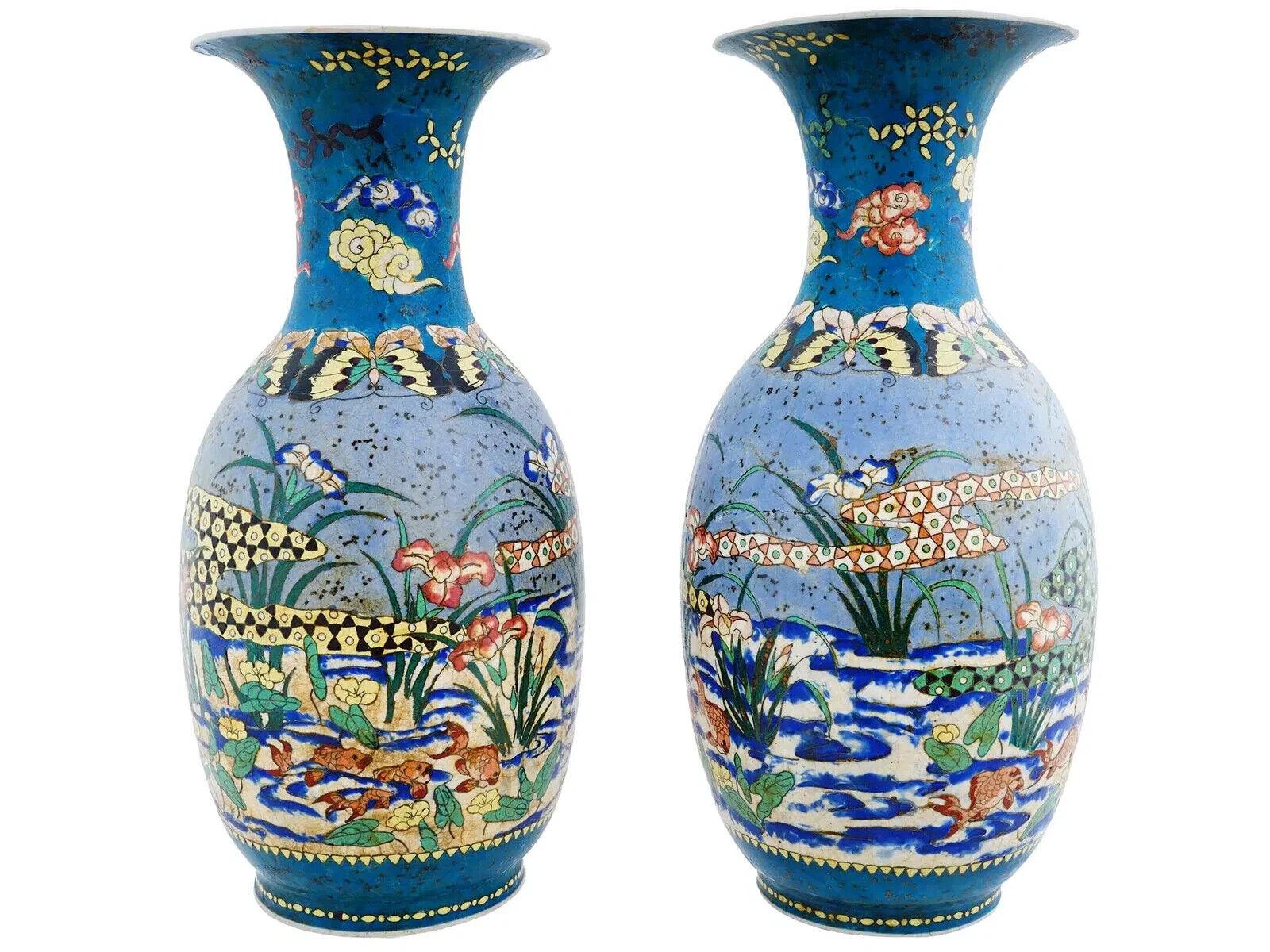 Cloissoné Large Pair of Japanese Cloisonne Enamel On Porcelain Totai Vases Fish Swimming For Sale