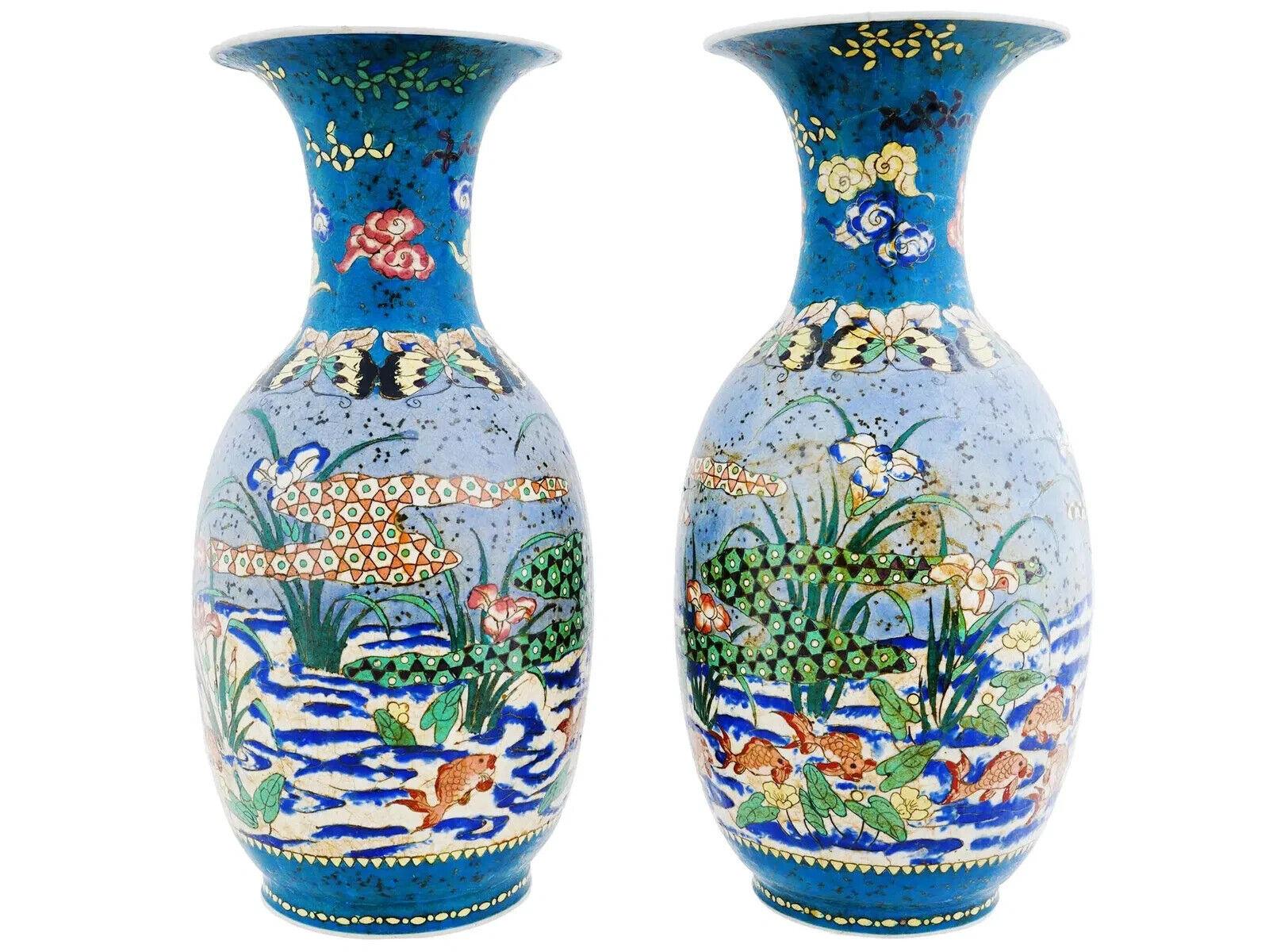 Large Pair of Japanese Cloisonne Enamel On Porcelain Totai Vases Fish Swimming In Good Condition For Sale In Queens, NY