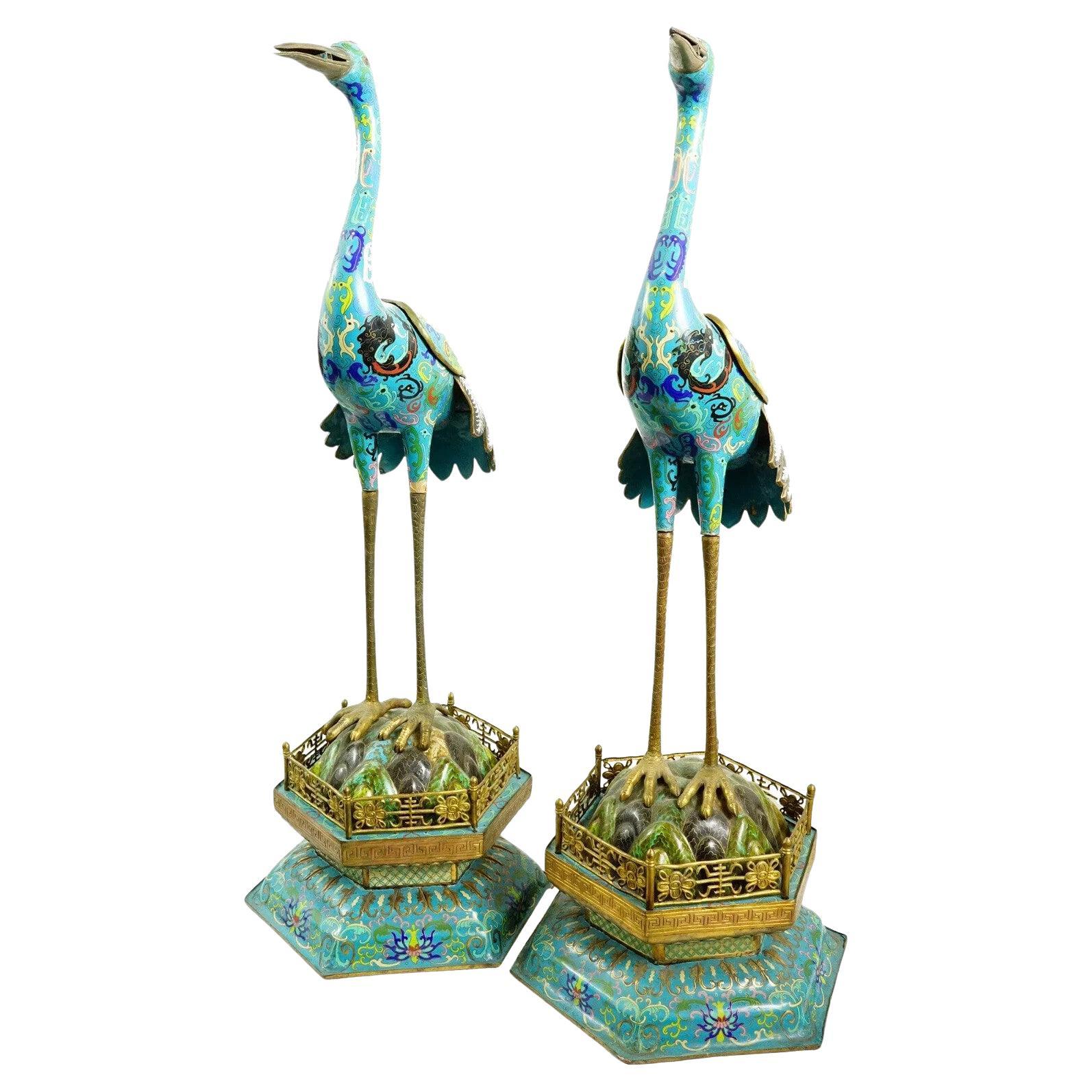 Monumental Pair of Chinese Qing Cloisonne Enamel Cranes Figurines