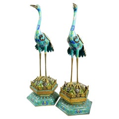 Antique Monumental Pair of Chinese Qing Cloisonne Enamel Cranes Figurines