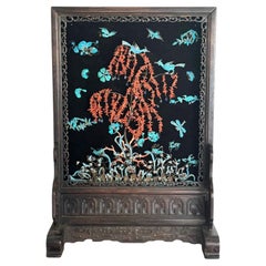 Antique Chinese Coral & Feather Design Zitan Wood Table Screen