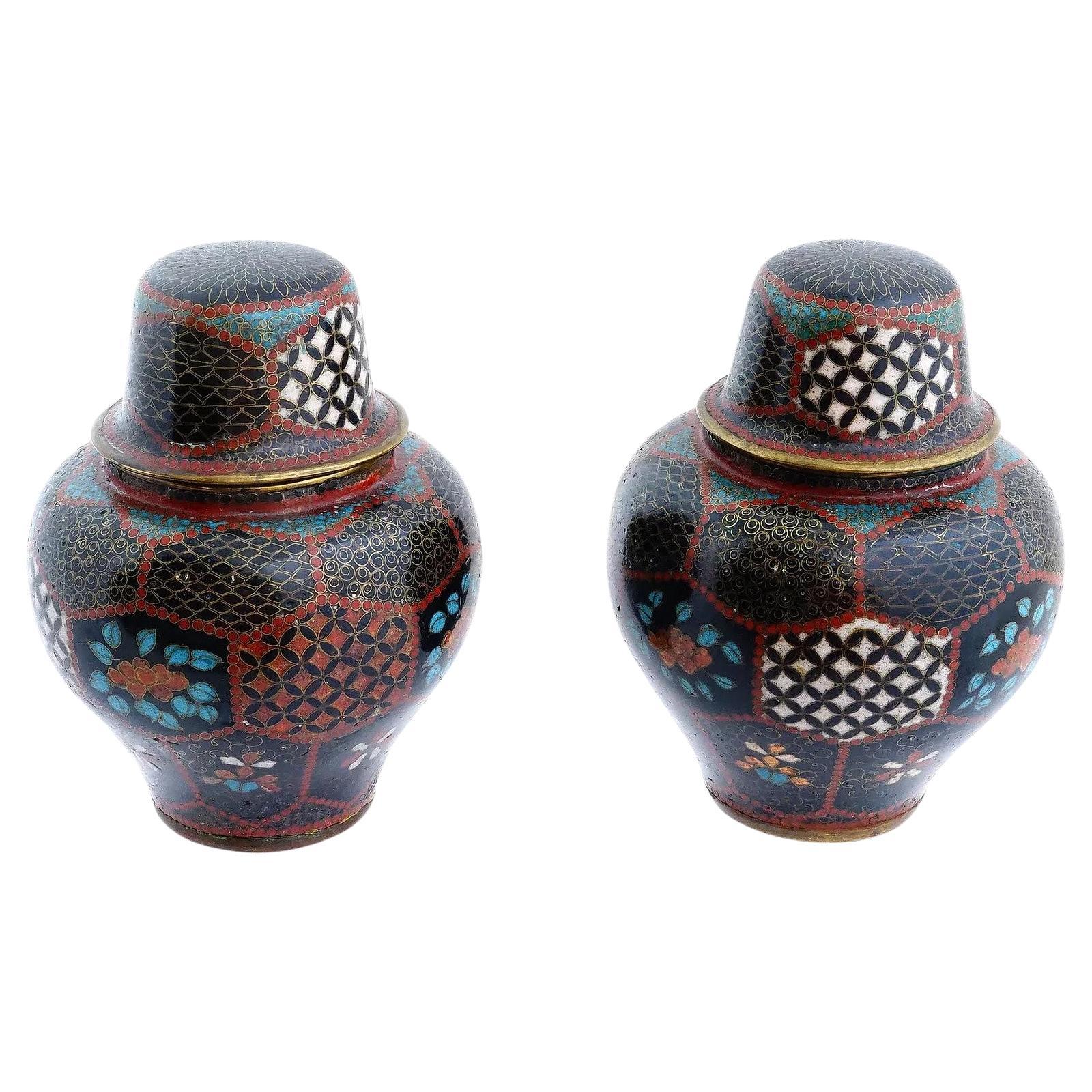 Pair of Japanese cloisonné enamel covered jars For Sale
