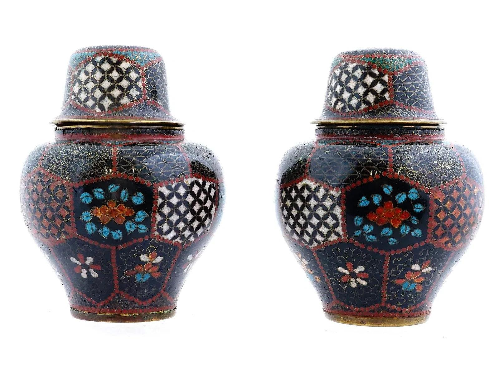 Meiji Pair of Japanese cloisonné enamel covered jars For Sale