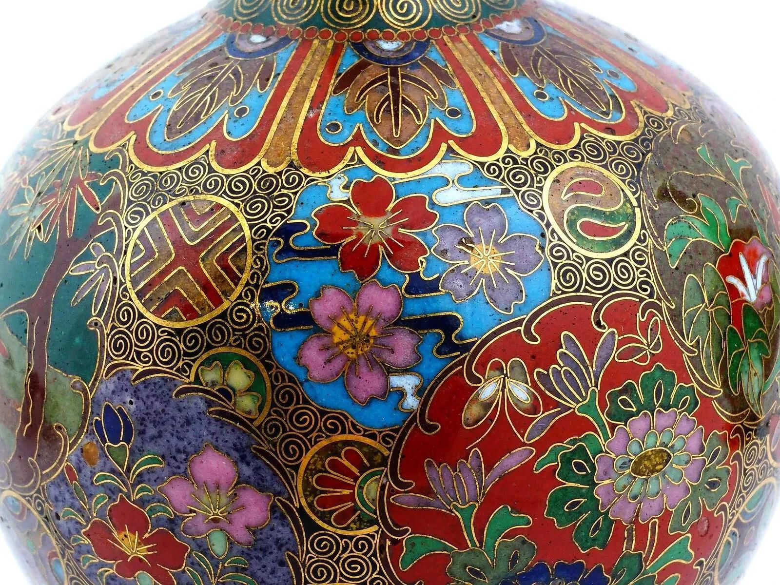 Brass Pair Of Meiji Japanese Cloisonne Enamel Vases Kyoto School For Sale