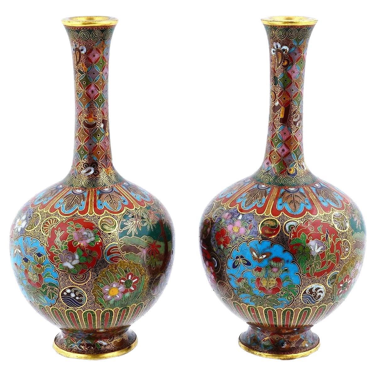 Pair Of Meiji Japanese Cloisonne Enamel Vases Kyoto School For Sale