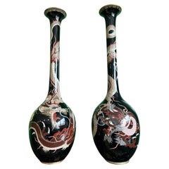 Monumental Pair of Meiji Japanese Cloisonne Enamel Dragons on Black Enamel Vases