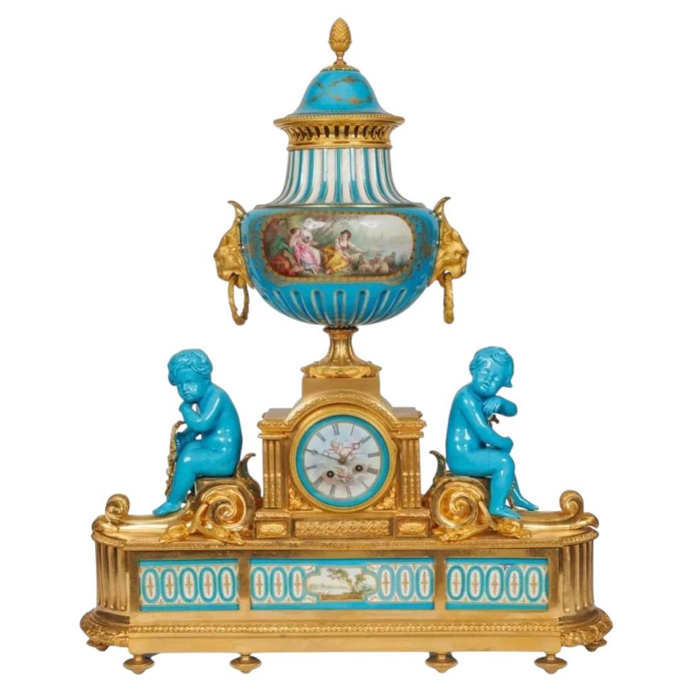 A Monumental and Exceptional French Ormolu and Turquoise Sevres Porcelain Clock For Sale