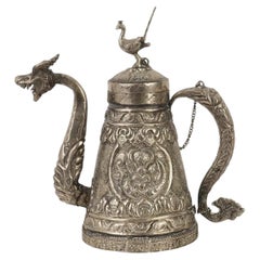 Tibetan Asian Indian Repousse Chased Silver Alloy Ewer Teapot