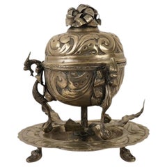 Indian Lidded Footed Silver Alloy Censer W Stand