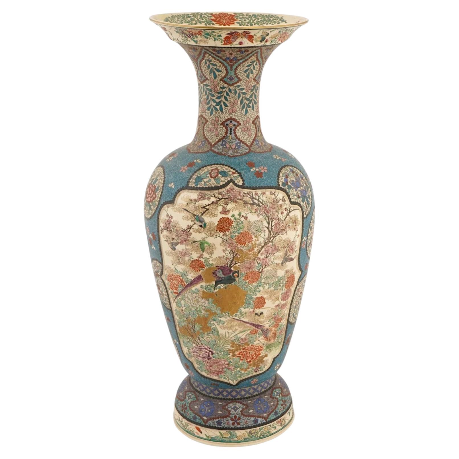 Japanese Cloisonne Enamel Meiji Totai Shippo Vase, Kinkozan School, 22 In. For Sale