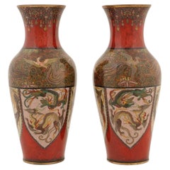 Japanese Cloisonne Enamel Meiji Translucent Red Dragon Vases, Honda School