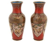 Japanese Cloisonne Enamel Meiji Translucent Red Dragon Vases, Honda School