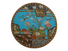 Pair of Japanese Cloisonne Enamel Meiji Plates with Birds and Chrysanthemums