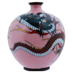 Antique Meiji Japanese Cloisonne Pink Enamel Goldstone Vase Dragons