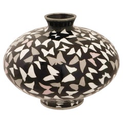 Signed Japanese Cloisonne Enamel Black Ground Butterfly Vase