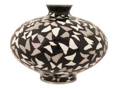Signed Japanese Cloisonne Enamel Black Ground Butterfly Vase