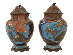 Vasi giapponesi antichi dell'epoca Meiji con smalto cloisonné e coperchio