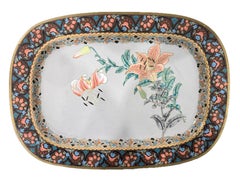 Large Japanese Cloisonne Enamel Floral Lily Tray Meiji 19th Century