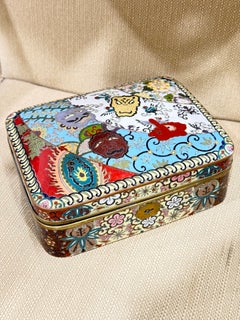 Rare Large Japanese Cloisonne Enamel Theatrical Mythical Mask Box Meiji