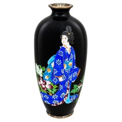 Meiji Japanese Cloisonne Enamel Vase with Bijin in Blue Kimono, Circa 1890
