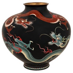 Monumental Meiji Japanese Cloisonne Enamel Double Dragon Vase