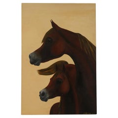 Mid Century Modern Oil Painting of Two Arabian Horses