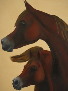 Mid Century Modern Oil Painting of Two Arabian Horses