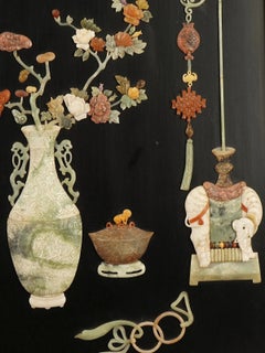 Pair of Vintage Chinese Black Lacquer Wall Panels With Jade Hardstone
