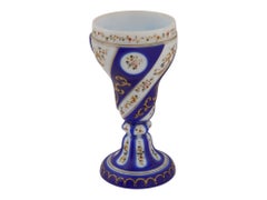 Antique Bohemian Cobalt Blue Overlay Glass Goblet with Floral Decoration
