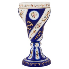 Antique Bohemian Cobalt Blue Overlay Glass Goblet with Floral Decoration