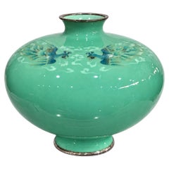 Japanese Cloisonne Enamel Celadon Phoenix Vase by Rōgetsu with Silver Mounts