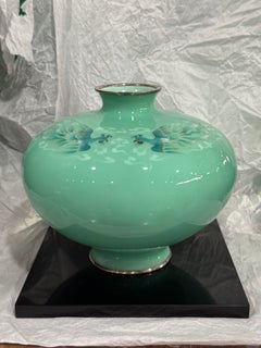 Japanese Cloisonne Enamel Celadon Phoenix Vase by Rōgetsu with Silver Mounts
