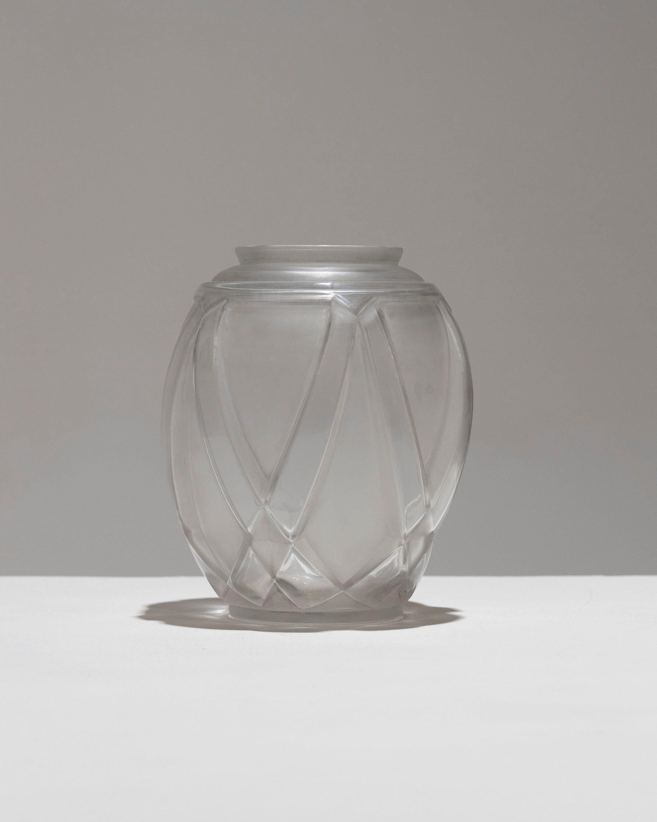 Art Deco Geometric Frosted Glass Vase by André Hunebelle, 1930s. For Sale