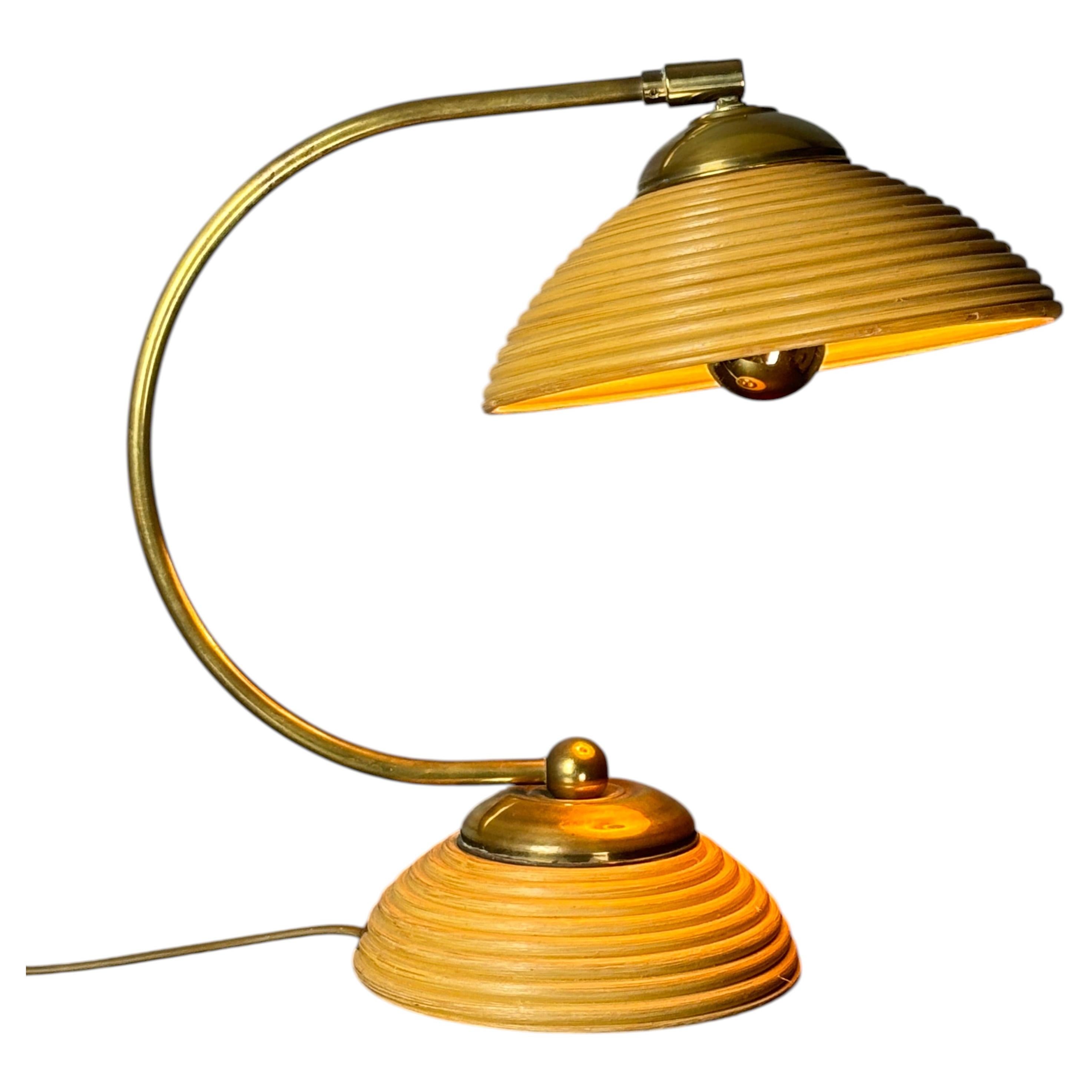 Midcentury pencil reed rattan bamboo and brass table lamp, Italy 1970s For Sale