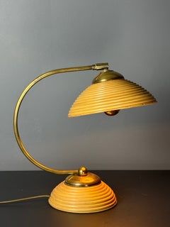 Midcentury pencil reed rattan bamboo and brass table lamp, Italy 1970s