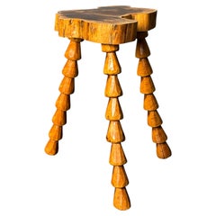 Midcentury brutalist French artisanal handmade wood turned tripod stool, ca 1960