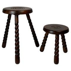 Pair of 2 midcentury French brutalist modernist wood turned tripod stools, ca 19