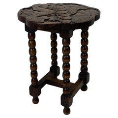 Midcentury French carved oak wood turned bobbin side table with lotus motif 1950