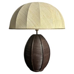 Boho midcentury pencil reed rattan bamboo XL table lamp, mushroom shade, 1970s